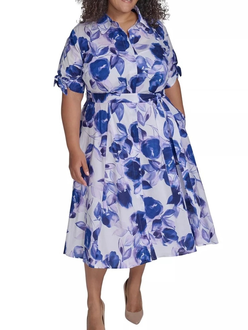 Calvin Klein Cotton White Midi Shirt Dress Blue Floral short sleeve plus 18 new